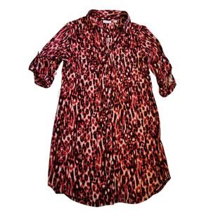 New York & Co Womens Shift Dress Size L Red Animal Print Button Front Stretch